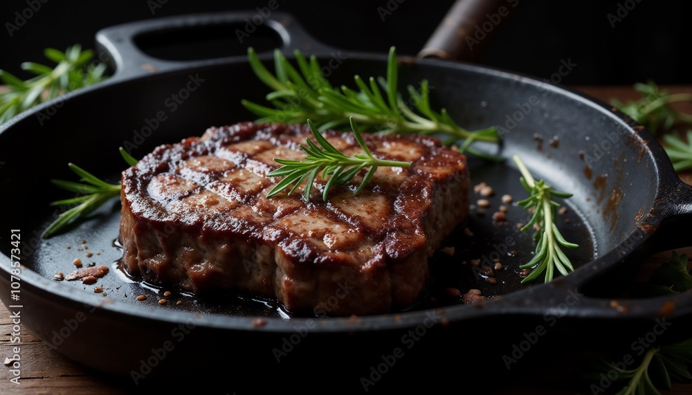 Grilled steak with rosemary in cast iron skillet. juicy steak garnished with aromatic thyme sprigs
Grilled steak with rosemary in cast iron skillet. juicy steak garnished with aromatic thyme sprigs