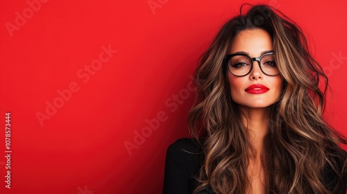 Wallpaper Mural A fashionable woman with flowing hair and striking red lipstick wearing glasses, confidently posing against a vibrant red background. Bold and powerful statement. Torontodigital.ca