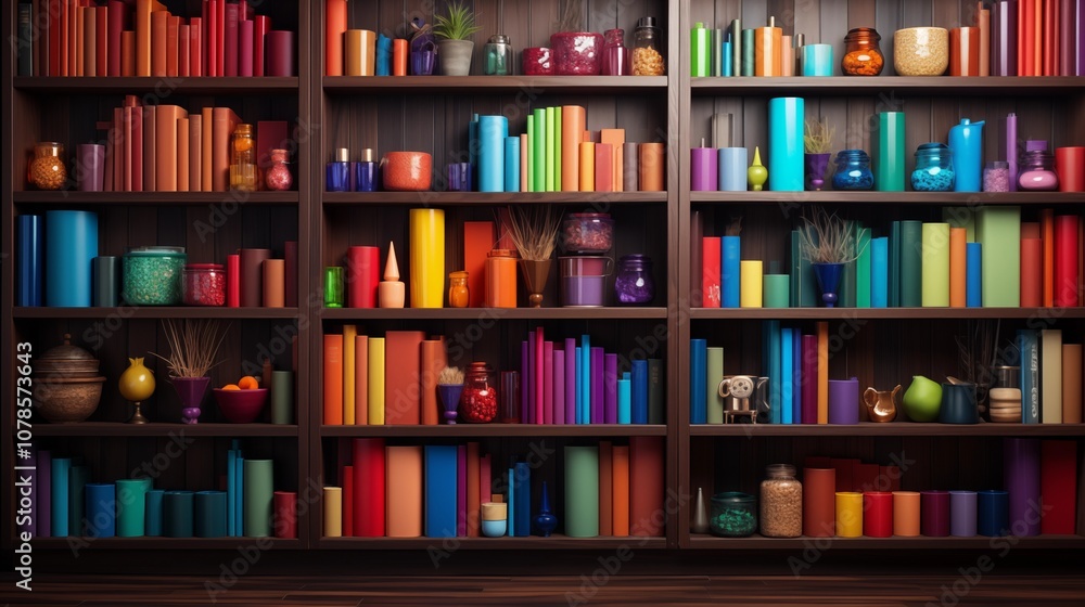 Chic bookshelf display with colorful rainbow folders, adding a touch of fun and order. Chic bookshelf display with colorful rainbow folders, adding a touch of fun and order.