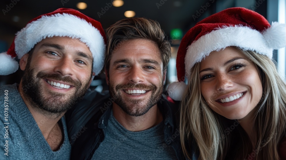 In this lively scene, three friends, adorned in Christmas Santa hats, capture the essence of festive cheer and friendship, highlighting the joy of holiday gatherings. In this lively scene, three friends, adorned in Christmas Santa hats, capture the essence of festive cheer and friendship, highlighting the joy of holiday gatherings.
