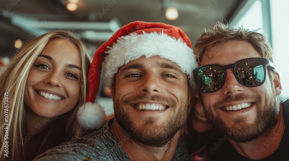 A group of three friends, two men and a woman, wearing Santa hats, enjoy each other's company during a festive gathering, their smiles radiating joy and camaraderie. A group of three friends, two men and a woman, wearing Santa hats, enjoy each other's company during a festive gathering, their smiles radiating joy and camaraderie.