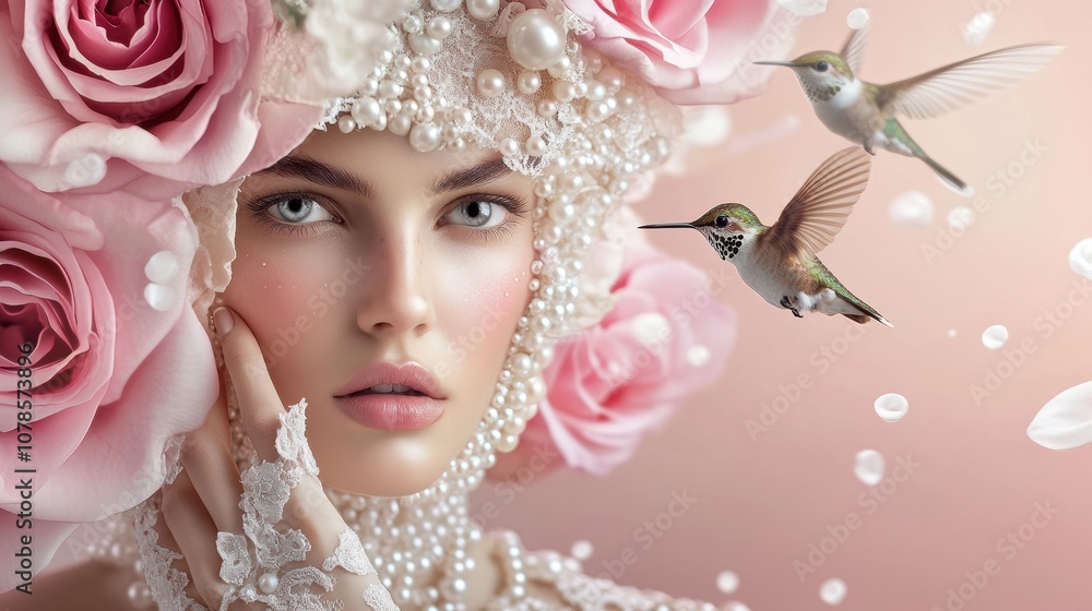 Naklejka premium A Young Woman Adorned With Roses and Pearls, Surrounded by Hummingbirds, Captures a Whimsical Moment in a Soft Pastel Setting, Highlighting Beauty and Nature\'s Grace