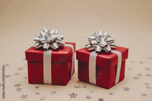 Two small red and white gift boxes with metallic silver bows set against a golden beige background scattered with silver stars emphasizing modern festive elegance photo