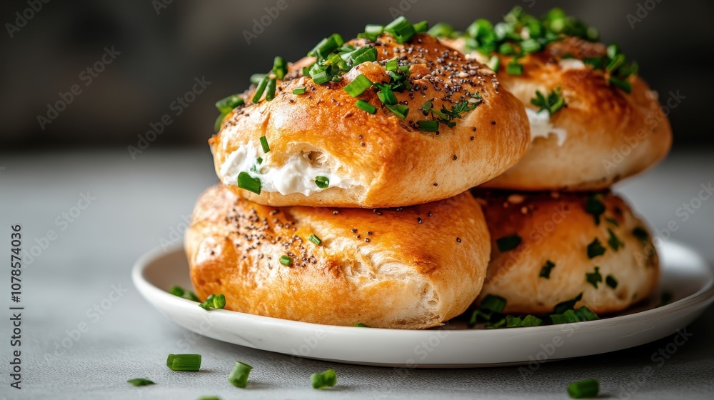 Three bagels topped with creamy cheese and sprinkled chives are presented elegantly on a white plate, embodying an appetizing and gourmet breakfast experience. Three bagels topped with creamy cheese and sprinkled chives are presented elegantly on a white plate, embodying an appetizing and gourmet breakfast experience.