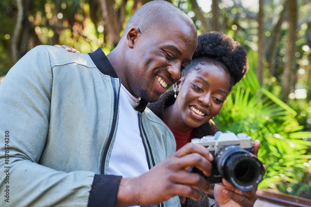 Happy Couple Enjoying a Day Outdoors and Sharing a Moment with a Camera Happy Couple Enjoying a Day Outdoors and Sharing a Moment with a Camera
