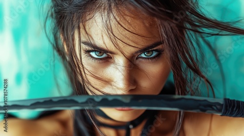 A striking portrait of a woman staring fiercely just above a sharp sword blade in a dramatic setting, illustrating intensity and focus close-up view. photo