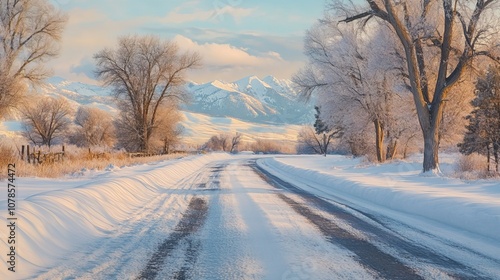 Snow-Covered Road Leading Through a Peaceful Winter Landscape to Distant Mountains