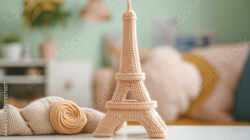 A handcrafted knit Eiffel Tower displayed in a cozy living room with soft furnishings and vibrant decor in the background.