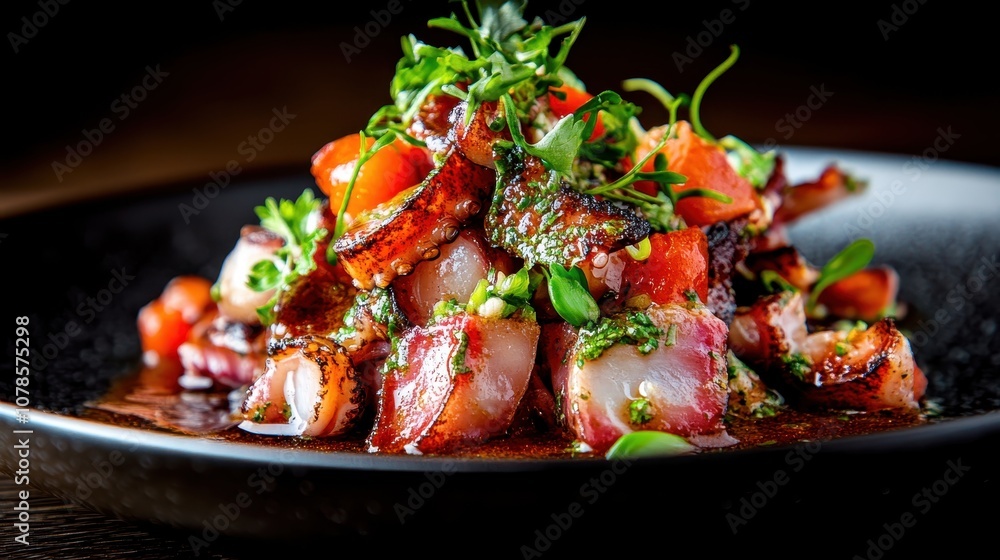 Artfully arranged seafood salad with grilled octopus accompanied by greens and herbs, featuring an explosion of colors and flavors on a modern dining plate. Artfully arranged seafood salad with grilled octopus accompanied by greens and herbs, featuring an explosion of colors and flavors on a modern dining plate.