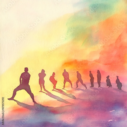 Explore the artistic journey of silhouetted figures in a colorful watercolor landscape