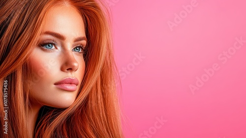 A striking portrait of a woman with vibrant red hair, natural makeup, and piercing blue eyes against a soft pink background, highlighting her unique beauty.