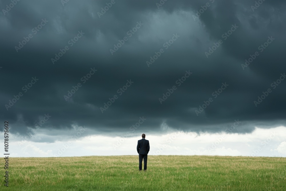 Fototapeta premium Business Professional Stands Alone in a Vast Open Field Under a Dramatic Cloudy Sky