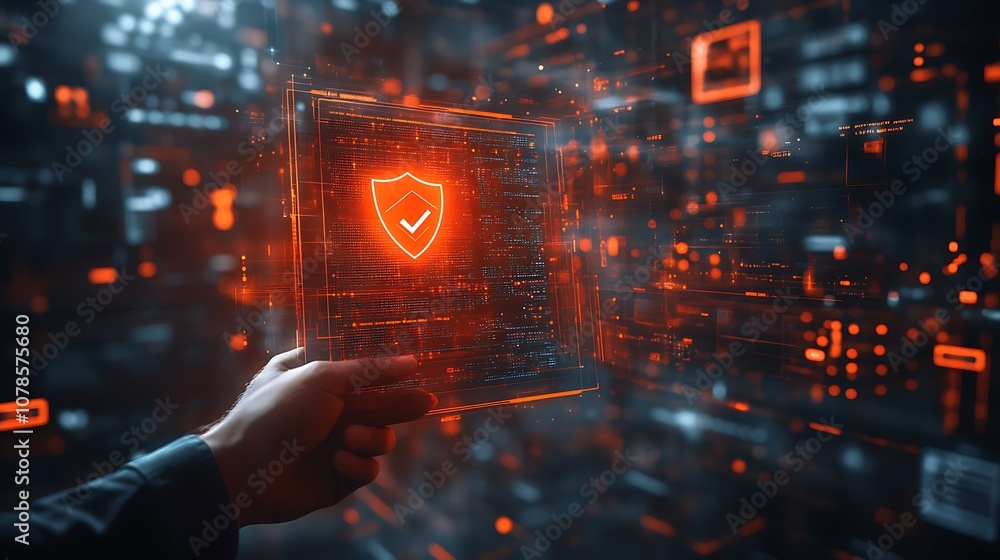 custom made wallpaper toronto digitalBusinessman holding a virtual security document, Security check mark technology background