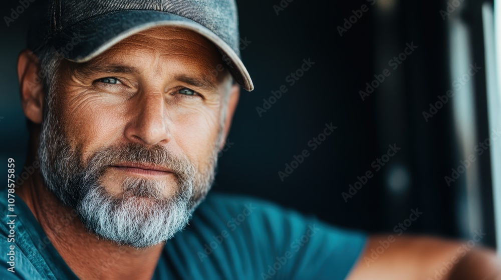 A man in blue attire with a gray cap sits in a truck, traveling through the open country. His expression is thoughtful, reflecting on the journey ahead. A man in blue attire with a gray cap sits in a truck, traveling through the open country. His expression is thoughtful, reflecting on the journey ahead.