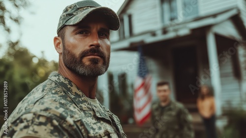 A soldier in camouflage attire stands resolutely in front of a rustic house with an American flag, symbolizing patriotism, duty, and strength on a sunny day. photo