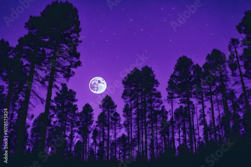 Pine forest silhouettes against a backdrop of neon purple and blue with a full moon in the sky, Ai Generated photo