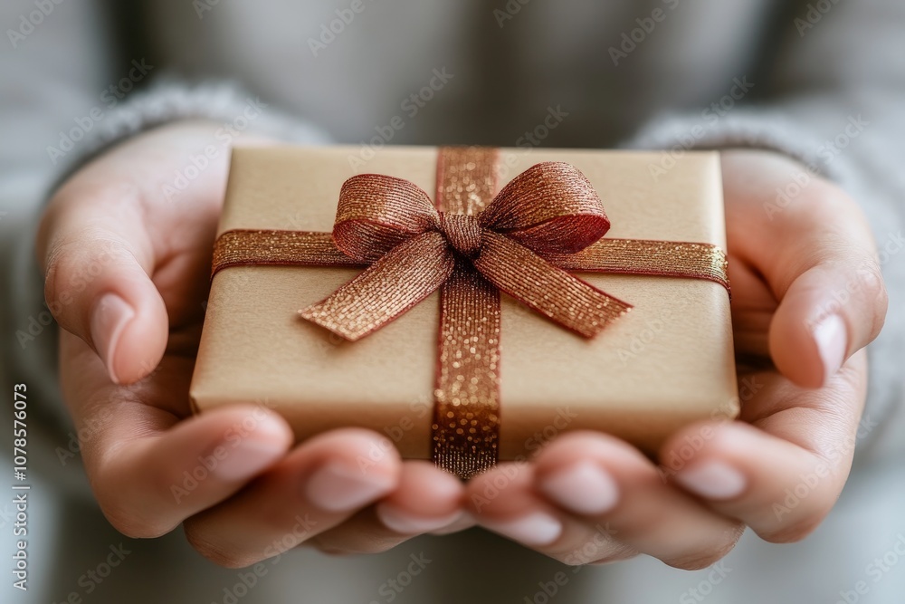 Hands gently holding a kraft paper gift with a brown ribbon symbolizing thoughtful giving and rustic charm in a heartfelt setting Hands gently holding a kraft paper gift with a brown ribbon symbolizing thoughtful giving and rustic charm in a heartfelt setting