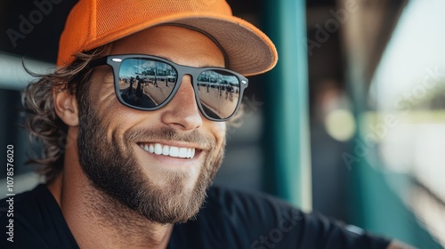 A cheerful man with a beard wears an orange cap and dark sunglasses, smiling widely while relaxing outdoors, possibly at a sporting venue or park. photo