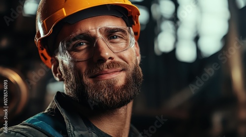 A diligent worker equipped with a yellow hard hat and clear protective glasses exudes safety and confidence, set against the dynamic backdrop of a busy workplace.