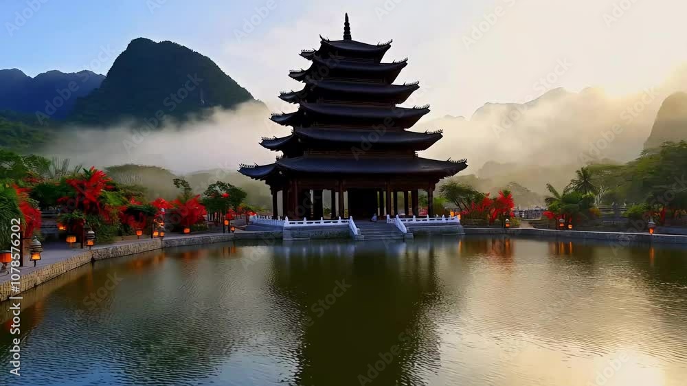 A Balinese lake temple set peacefully on the water, with misty mountains in the distance. Traditional structures mirror in the calm lake, embodying spirituality and peace A Balinese lake temple set peacefully on the water, with misty mountains in the distance. Traditional structures mirror in the calm lake, embodying spirituality and peace
