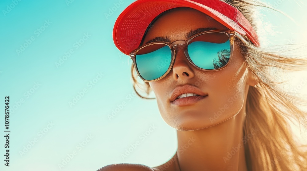A captivating scene showcasing a woman in a red visor and shades, with her confident posture against a clear blue sky, emphasizing leisure and vitality. A captivating scene showcasing a woman in a red visor and shades, with her confident posture against a clear blue sky, emphasizing leisure and vitality.