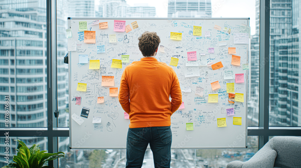 Creative thinker analyzes strategies on whiteboard Creative thinker analyzes strategies on whiteboard
