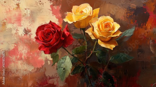 A single red rose and two yellow roses bloom against a painterly background.