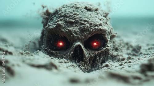 A sinister skull, with vivid red glowing eyes, rises menacingly from the sand, creating a chilling and nightmarish atmosphere reminiscent of dark fantasy art. photo