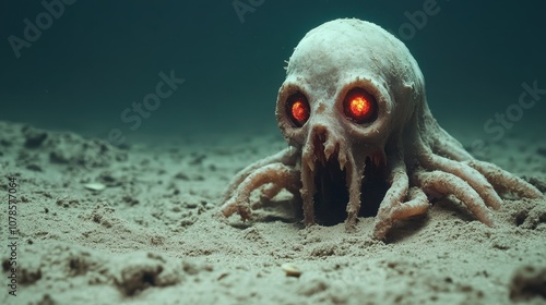 A nightmarish skull with vibrant glowing red eyes is emerging insidiously from the sand, adorned with octopus-like tentacles, adding to its macabre allure. photo