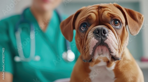 A close-up of a dog with sad eyes, likely a bulldog, in a veterinary clinic setting, with a veterinarian visible in the background. photo