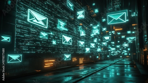 A futuristic city alleyway with glowing email icons flying through the air.