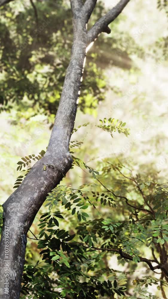 A breathtaking view of the sun shining through the lush leaves of a tree in the jungle. A breathtaking view of the sun shining through the lush leaves of a tree in the jungle.