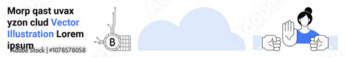 Snippet of technical text, a networked object marked B, a cloud icon, and a figure gesturing stop. Ideal for tech solutions, AI, network security, cloud services, innovation, human interface design