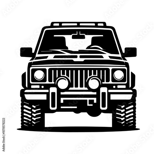 Bold Front View SUV Vector – High-Quality Black and White Off Road Vehicle Icon for Adventure Design Projects