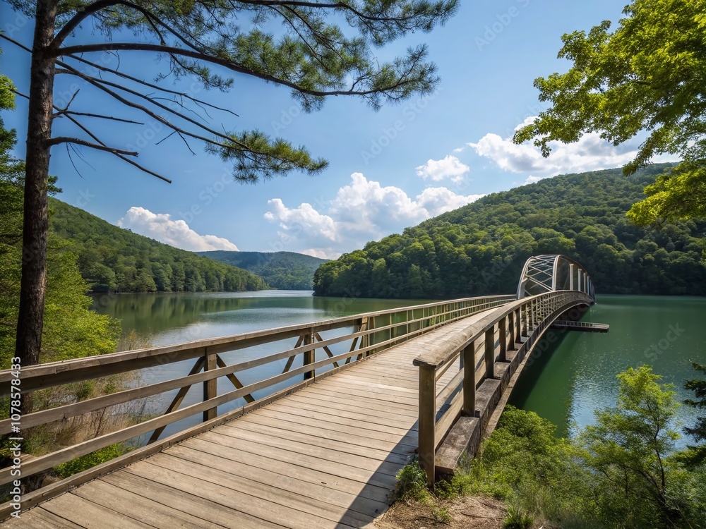 Scenic Bridge Over Center Hill Lake in Cumberland Mountain State Park Connecting Campsite and Hiking Trails Amidst Lush Wilderness Landscape Scenic Bridge Over Center Hill Lake in Cumberland Mountain State Park Connecting Campsite and Hiking Trails Amidst Lush Wilderness Landscape