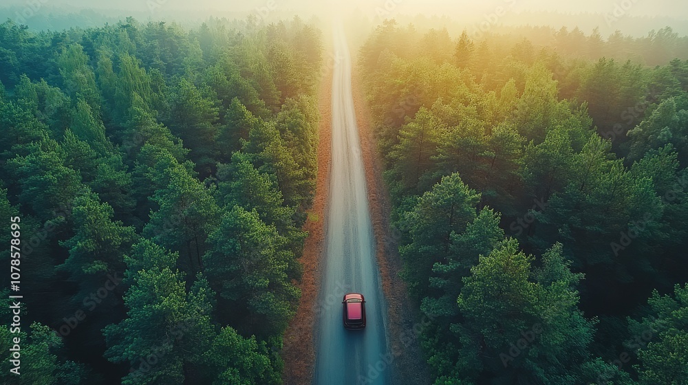 Aerial view of a car driving through a misty forest road at sunrise. Aerial view of a car driving through a misty forest road at sunrise.