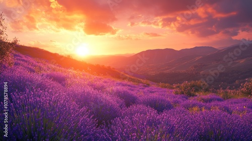 A vibrant purple field of lavender blooms on a hillside at sunset. The sun shines brightly, casting a warm glow over the landscape and illuminating the surrounding mountains.