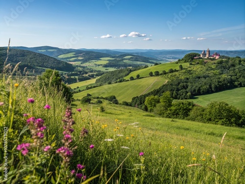 Scenic View of Aigurande Indre: A Lush Green Landscape with Rolling Hills, Vibrant Flora, and Clear Blue Skies Showcasing the Beauty of French Countryside Living