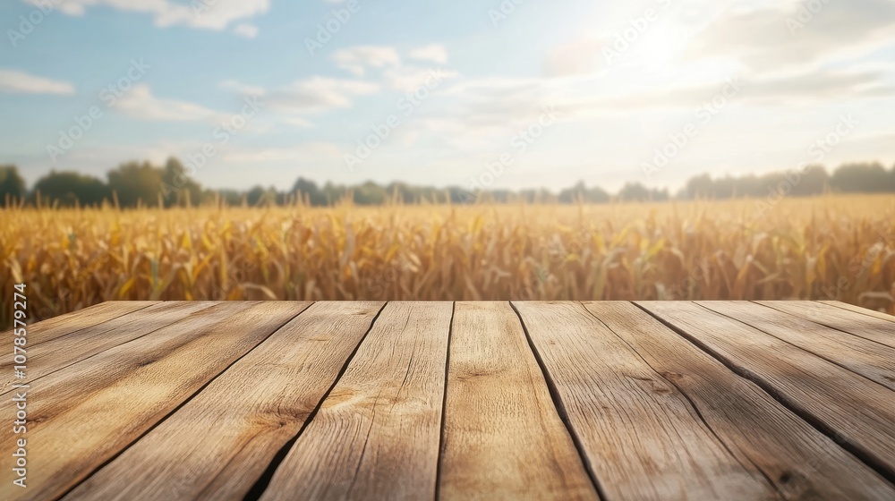 Tranquil Rustic Wooden Table Against a Beautiful Golden Field Under a Bright Sky, Perfect for Natural and Agricultural Imagery, Ideal for Farm and Country Themes Tranquil Rustic Wooden Table Against a Beautiful Golden Field Under a Bright Sky, Perfect for Natural and Agricultural Imagery, Ideal for Farm and Country Themes