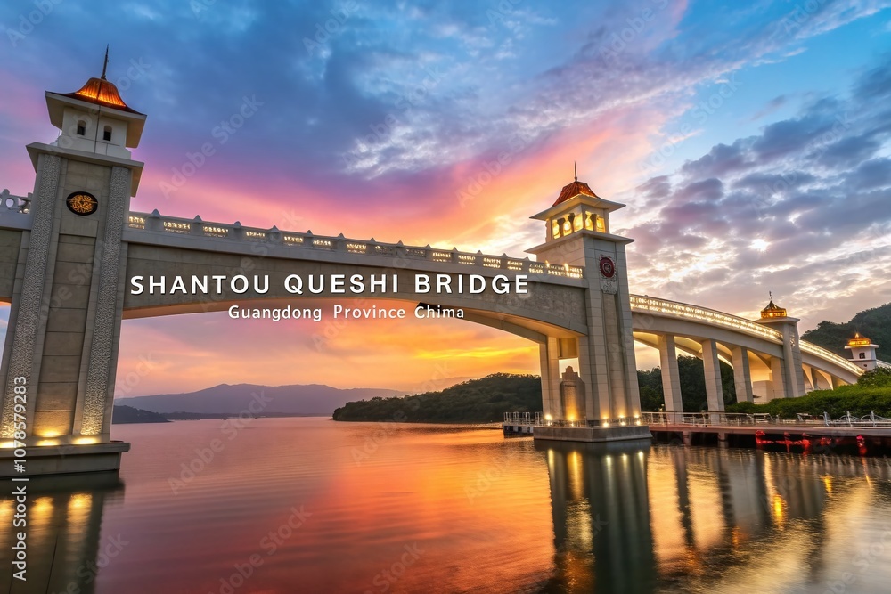 Fototapeta premium Scenic View of Shantou Queshi Bridge in Guangdong Province, China with Chinese Translation on the Bridge, Showcasing Modern Architecture and Beautiful Landscape