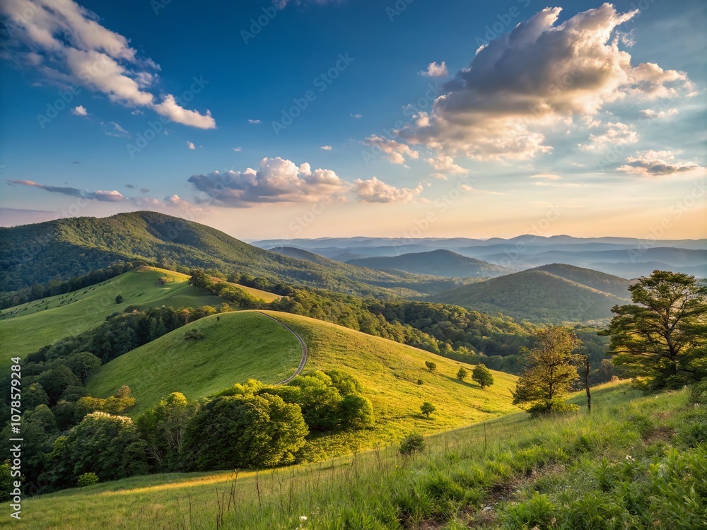 Obraz premium Scenic Views of Baker's Mountain Park in North Carolina: A Serene Landscape of Lush Greenery and Majestic Blue Skies Reflecting Nature's Beauty and Tranquility