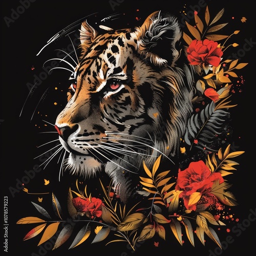 Tiger portrait with red flowers and golden leaves on a black background. Digital illustration blending wildlife and floral elements with intricate detailing. Generative AI