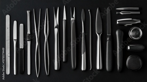 A collection of stainless steel tools, including tweezers, forceps, scalpels, and other instruments, are arranged neatly on a black background.