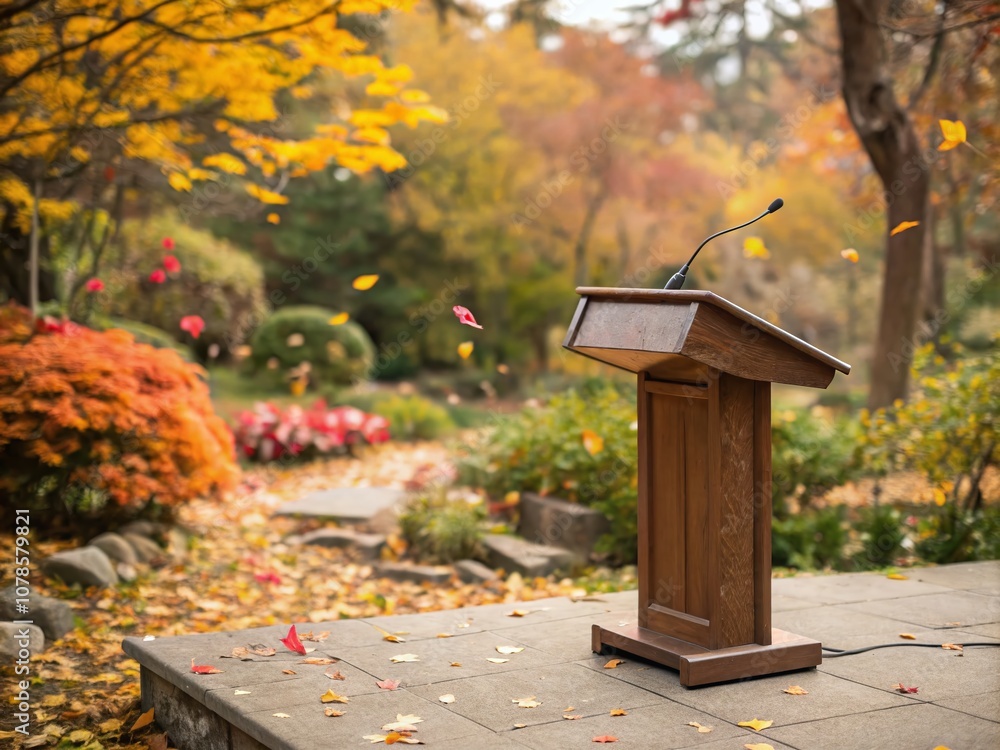 Serene Autumn Scene with Empty Wooden Podium in a Garden Forest Surrounded by Falling Leaves and Blurred Background of Vibrant Autumn Plants Serene Autumn Scene with Empty Wooden Podium in a Garden Forest Surrounded by Falling Leaves and Blurred Background of Vibrant Autumn Plants