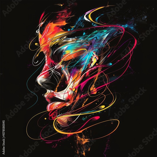 Abstract side profile of a human face with neon colors and dynamic lines on a black background. Digital art illustration with vibrant flowing lines for modern poster and print design. Generative AI photo