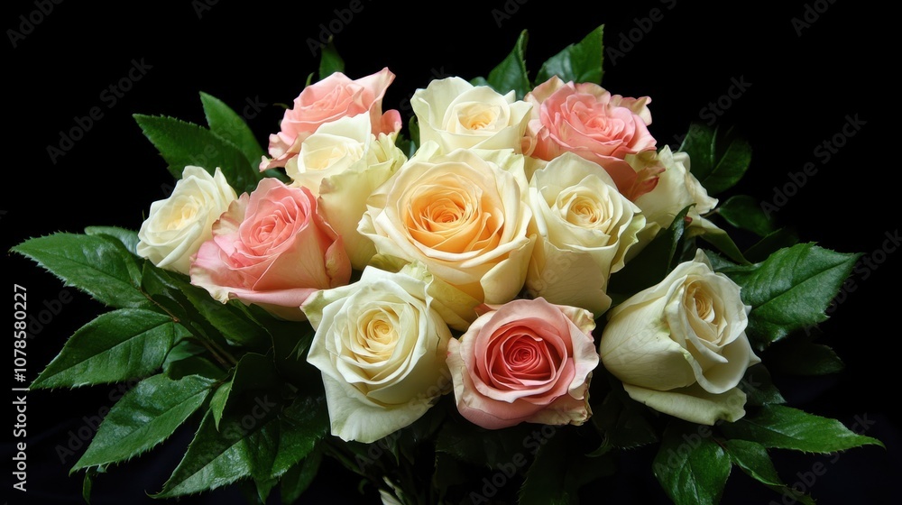 A bouquet of delicate pink and white roses, arranged with lush green leaves, creates a stunning display of elegance against a black background. A bouquet of delicate pink and white roses, arranged with lush green leaves, creates a stunning display of elegance against a black background.