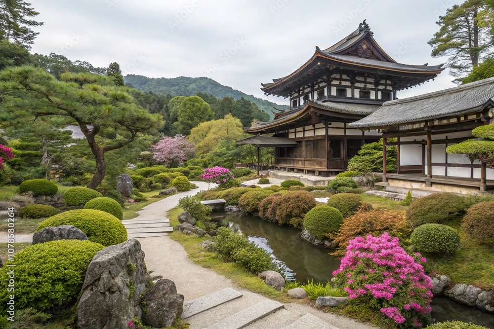 Obraz premium Serene Beauty of Zenrinji Temple in Kyoto Surrounded by Lush Greenery and Tranquil Gardens, Capturing the Essence of Japanese Culture and Nature in High Depth of Field