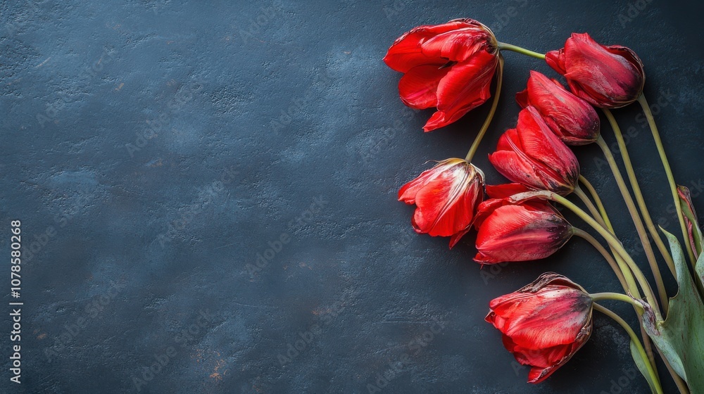 Red tulips arranged on a dark gray background. Red tulips arranged on a dark gray background.