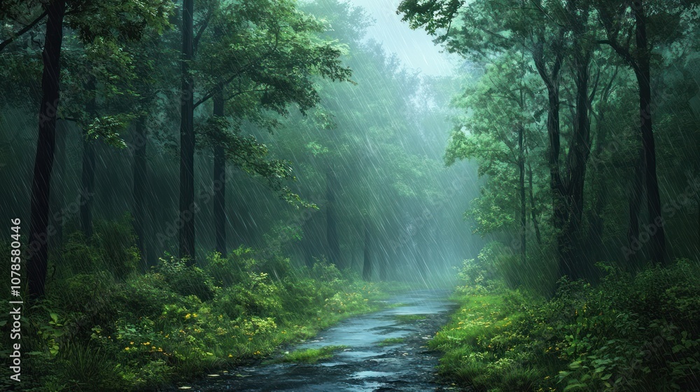 A misty forest path with rain falling through the trees.