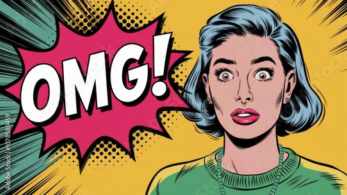 Comic book style illustration of surprised woman with wide eyes and OMG! in speech bubble. Pop art